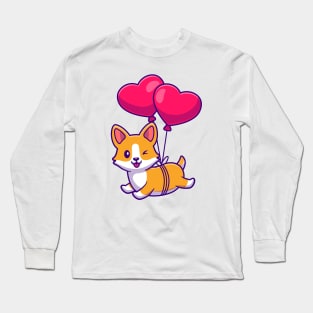 Cut Corgi Dog Floating With Heart Love Balloon Long Sleeve T-Shirt